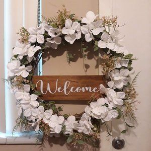 White Hydrangea "WELCOME" Farmhouse Wreath, Front Door Wreath, Farmhouse Wreath